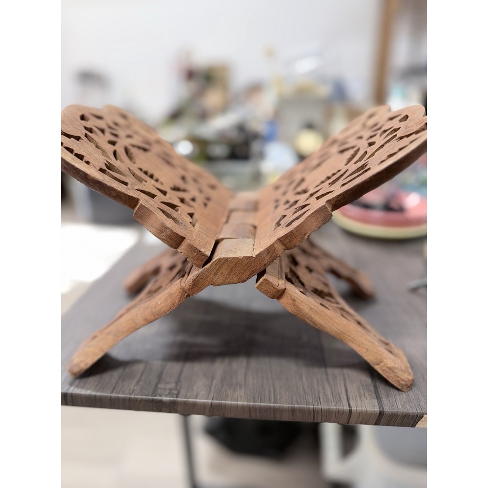 Hand Carved Wooden Folding Book Stand Rehal Cookbook Bible Quran Holder Filigree